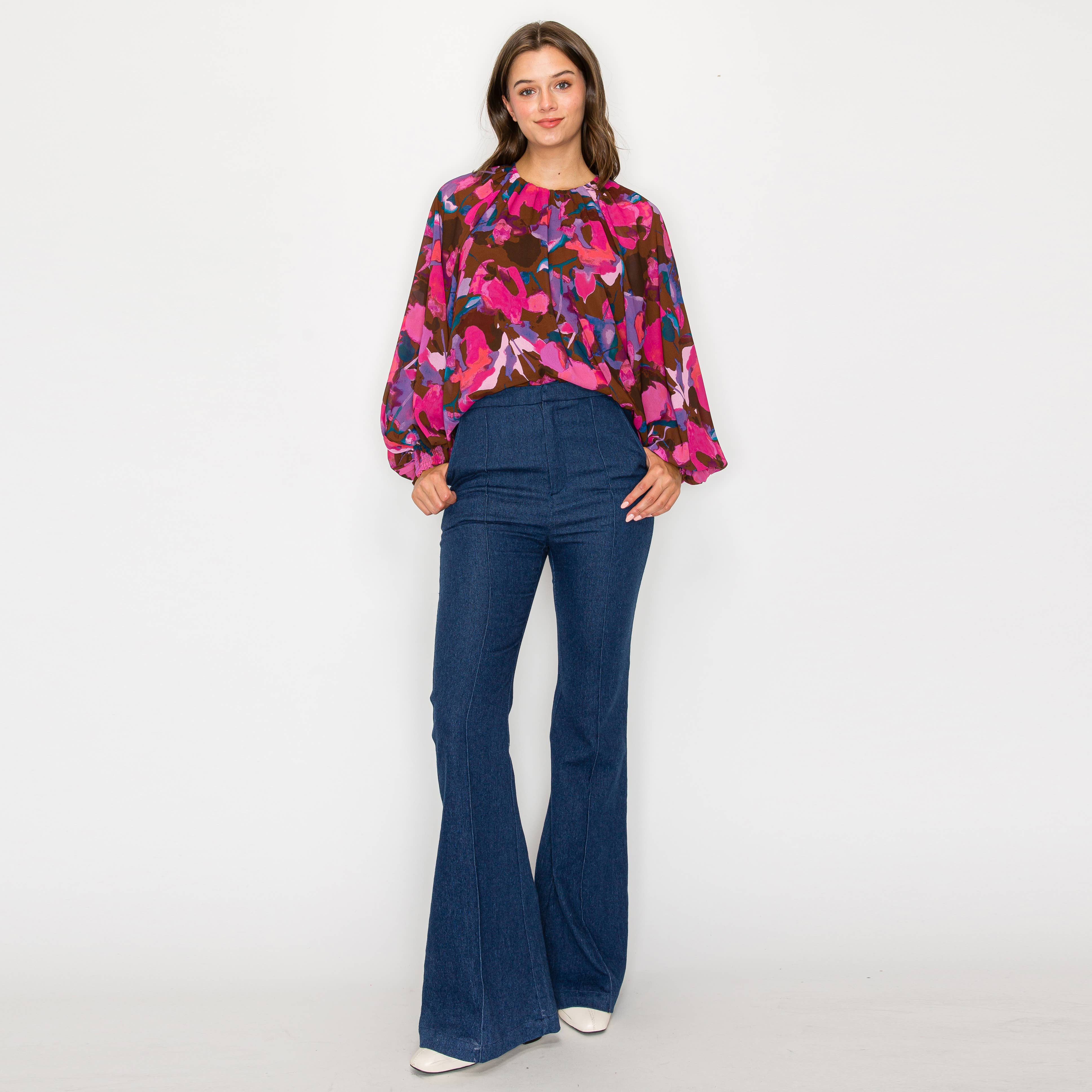 Pink in fall abstract print long sleeve blouse
