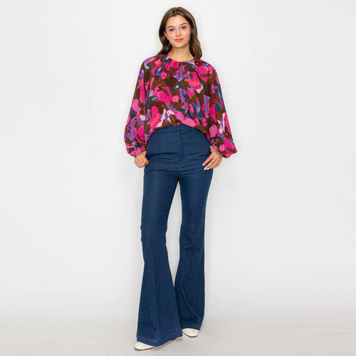Pink in fall abstract print long sleeve blouse