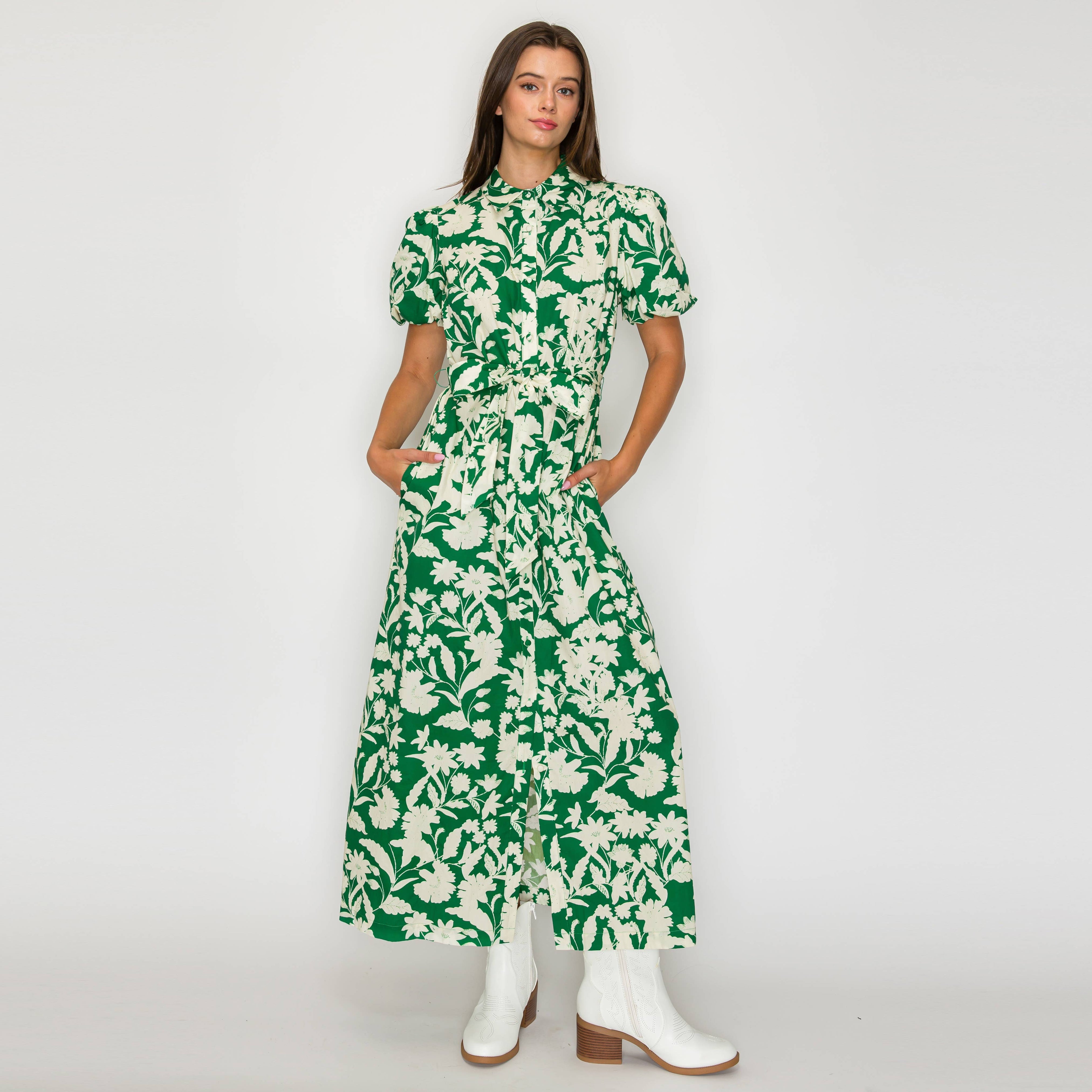 Emerald Meadow Belted Maxi Shirt Dress