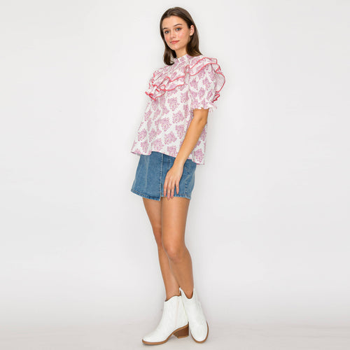 Double Ruffle Cotton Blouse with Ajrak print - Pink -LWT1982