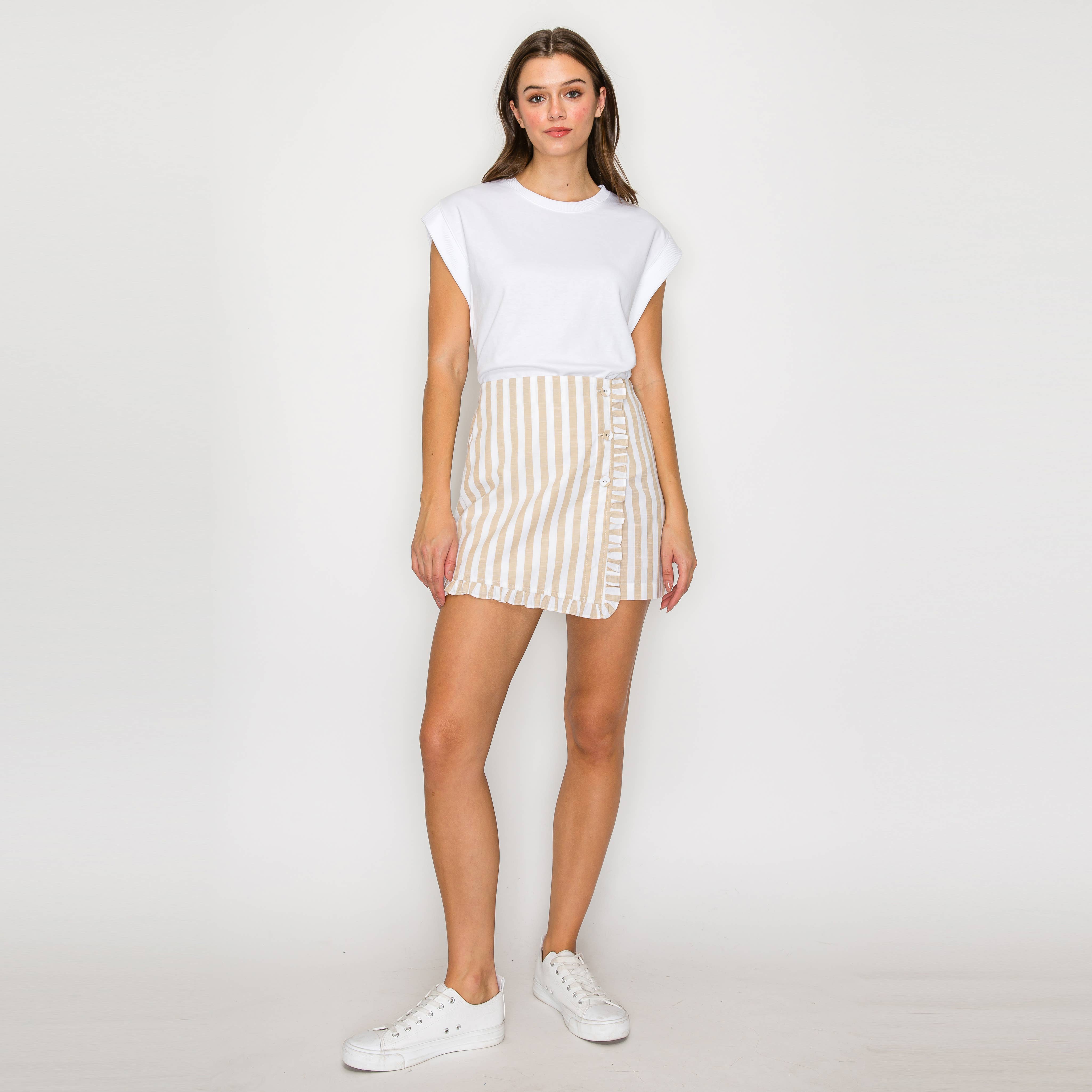 Ruffle Ruffle Stripe Skort - Tan & White Stripe