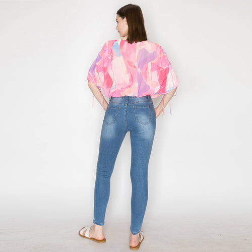 Abstract print shoulder shirring detail top