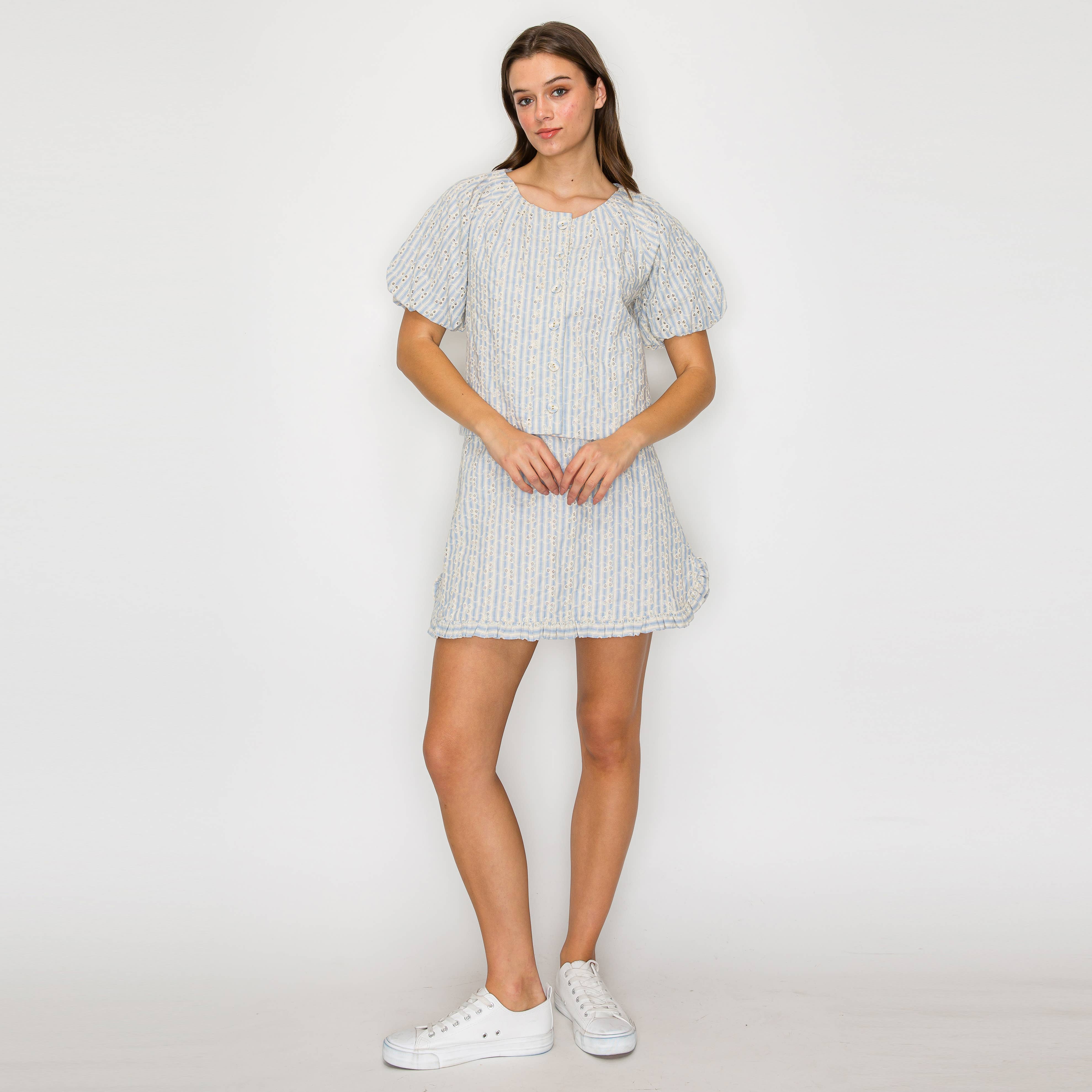 Soft Blue Stripe w/ Embroidery Mini Skirt w/ Ruffle- LWK1190