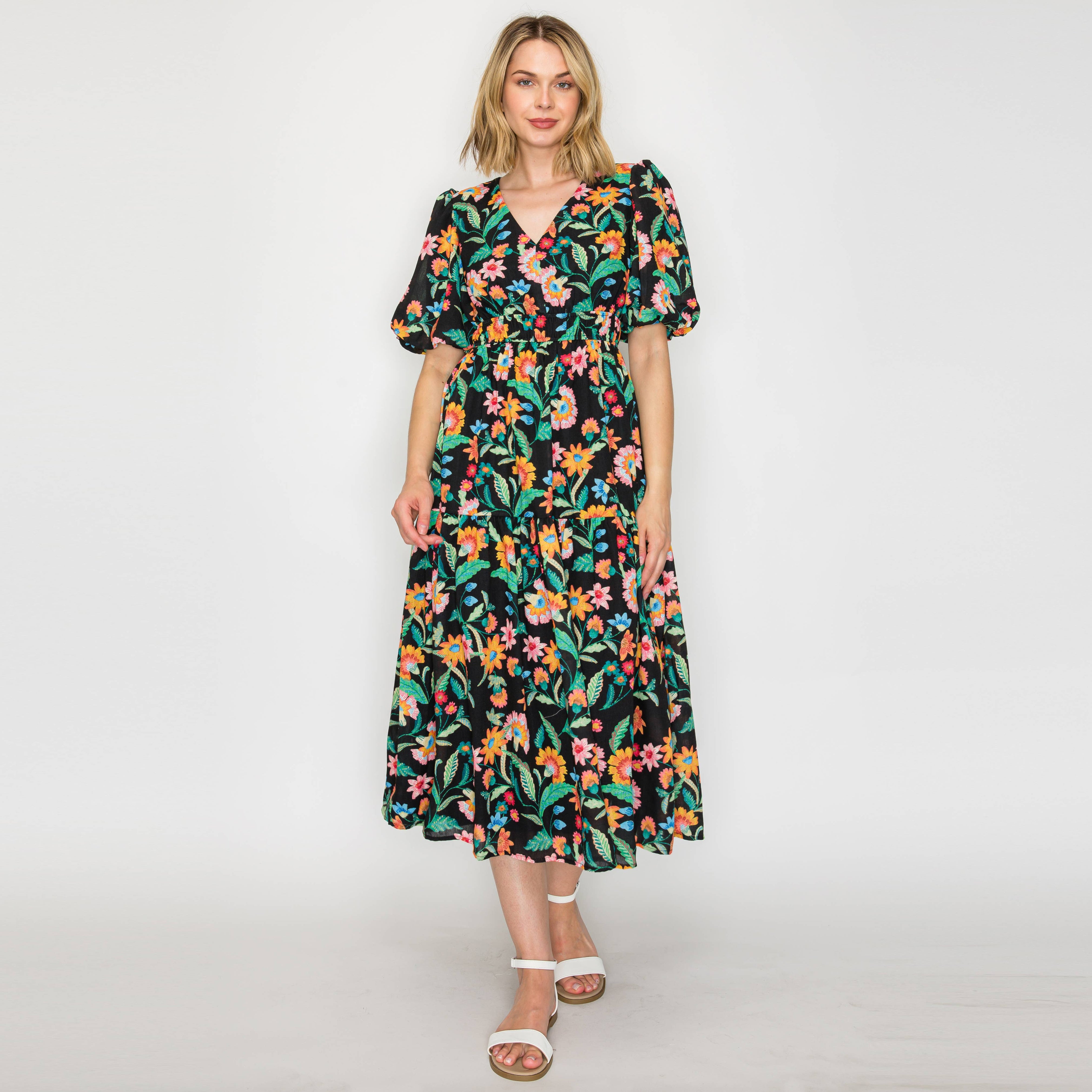 Colorful Jacobean in Black Midi Dress
