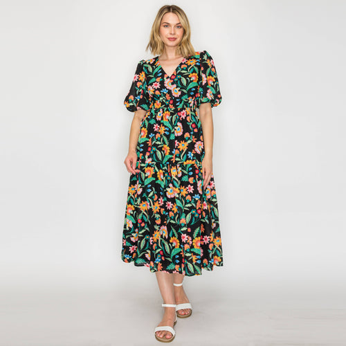 Colorful Jacobean in Black Midi Dress