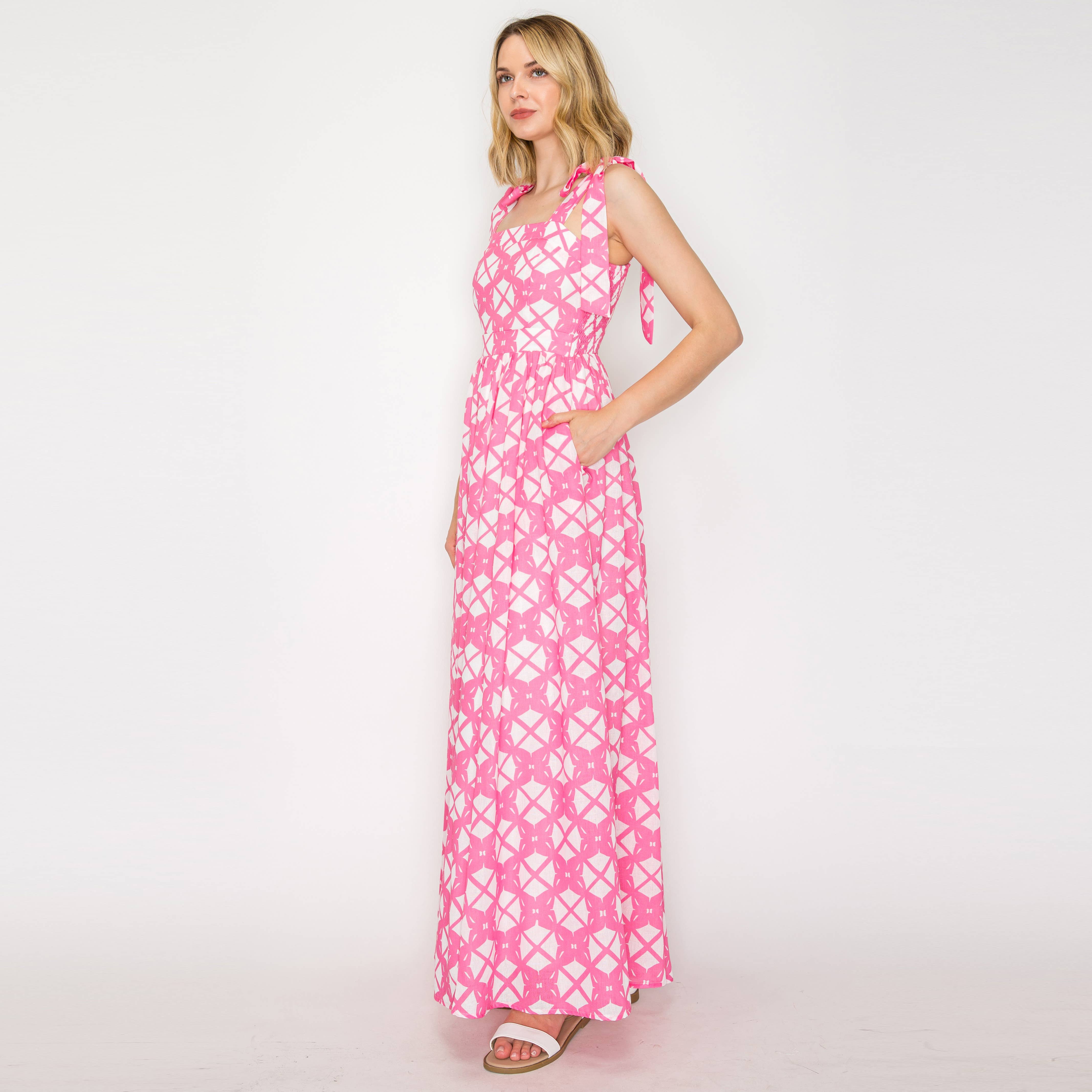 Pink Geo Lace Print Maxi Dress