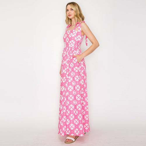 Pink Geo Lace Print Maxi Dress