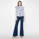 Print linen top with double ruffle sleeves