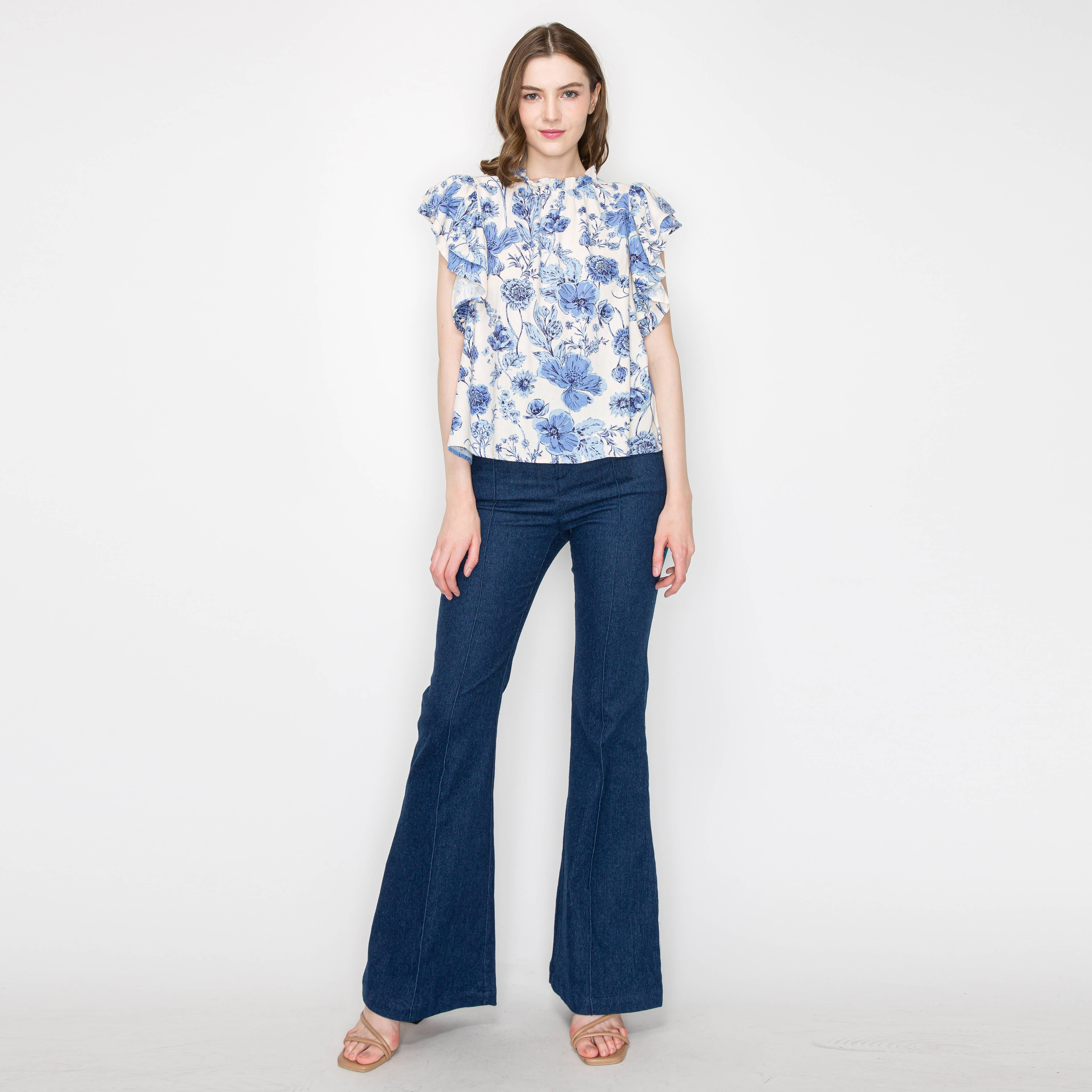 Print linen top with double ruffle sleeves