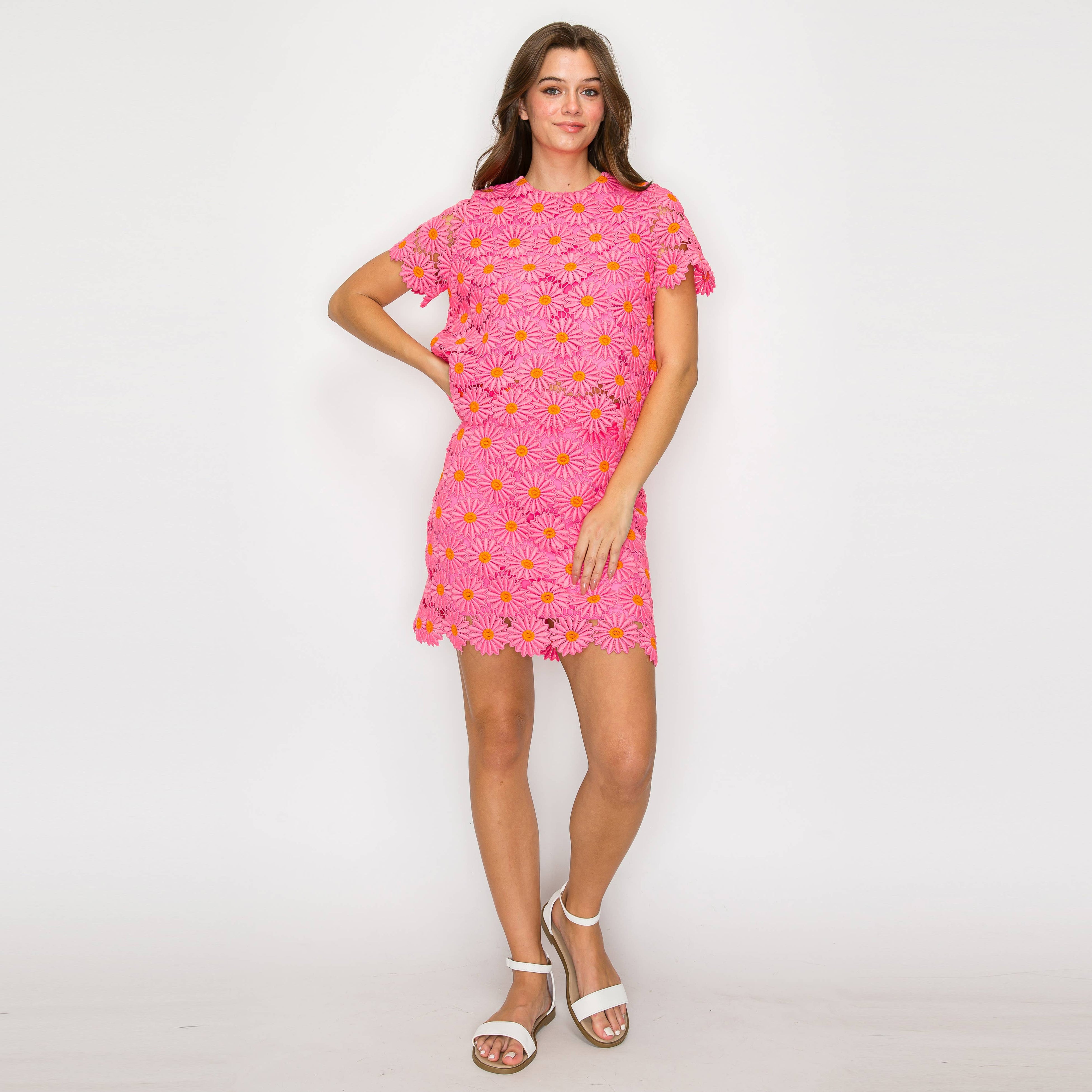 Pink Daisy Lace Top with Bow