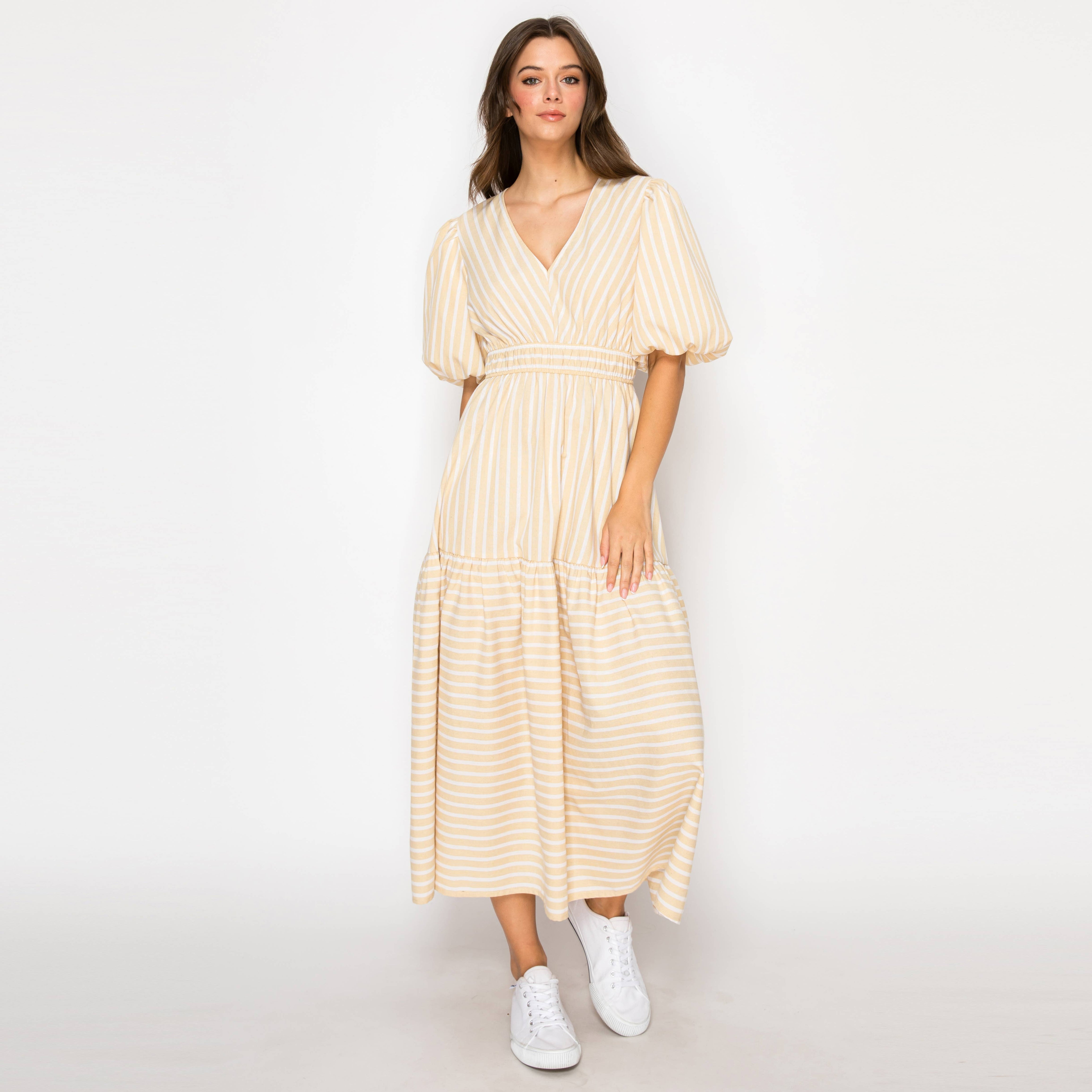 Soft Khaki Stripe Linen Midi Dress