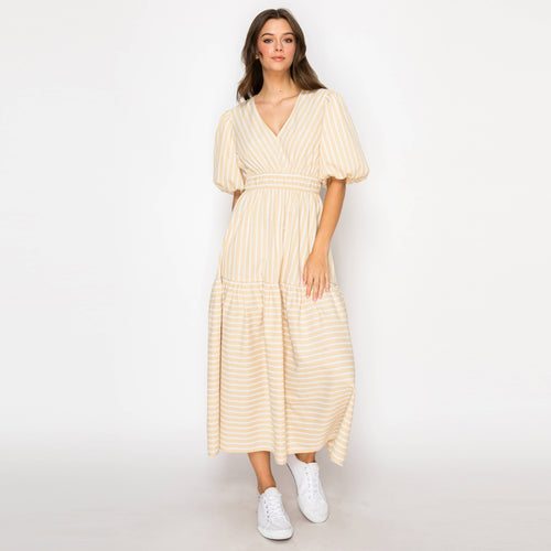 Soft Khaki Stripe Linen Midi Dress