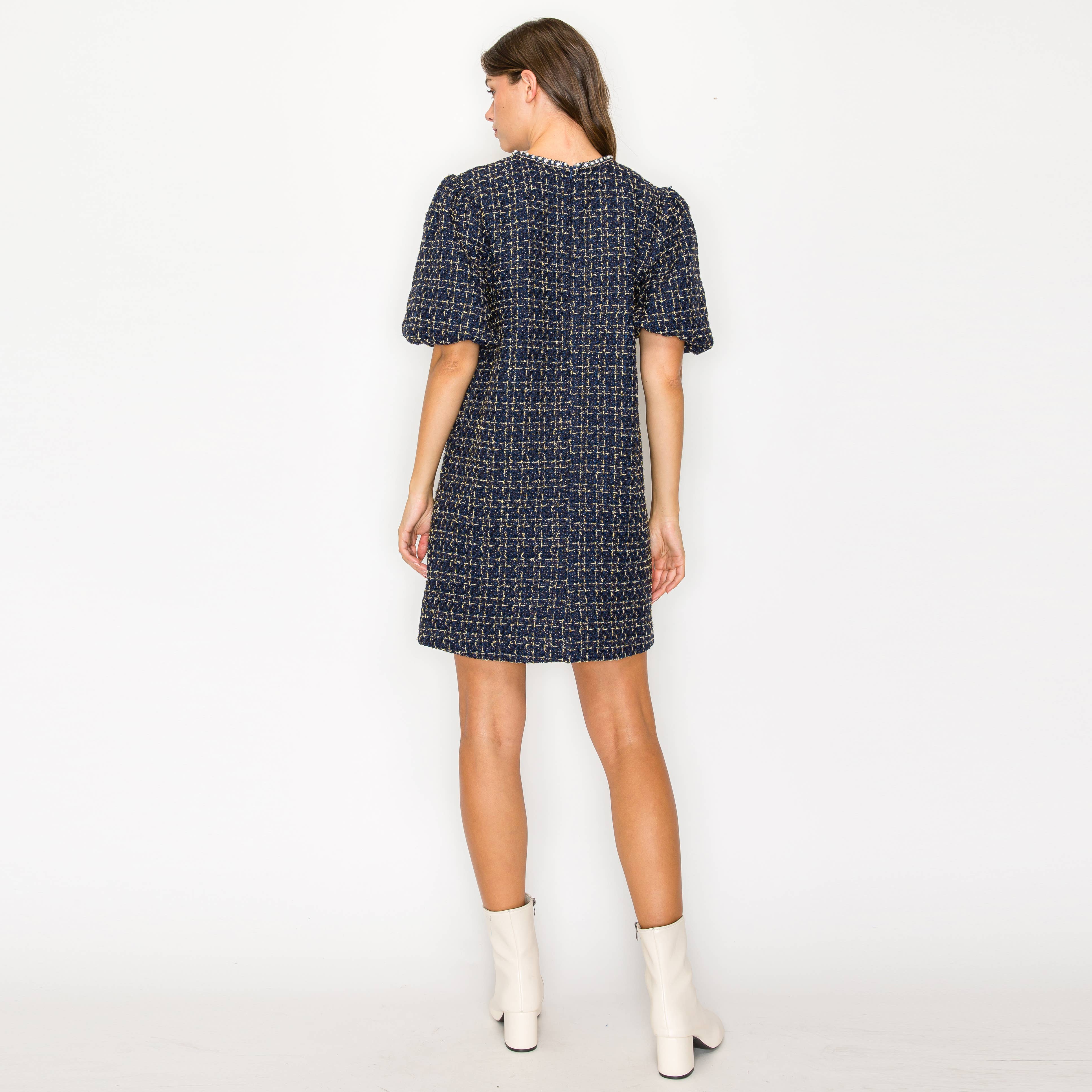 Boucle mini dress with jewel trim