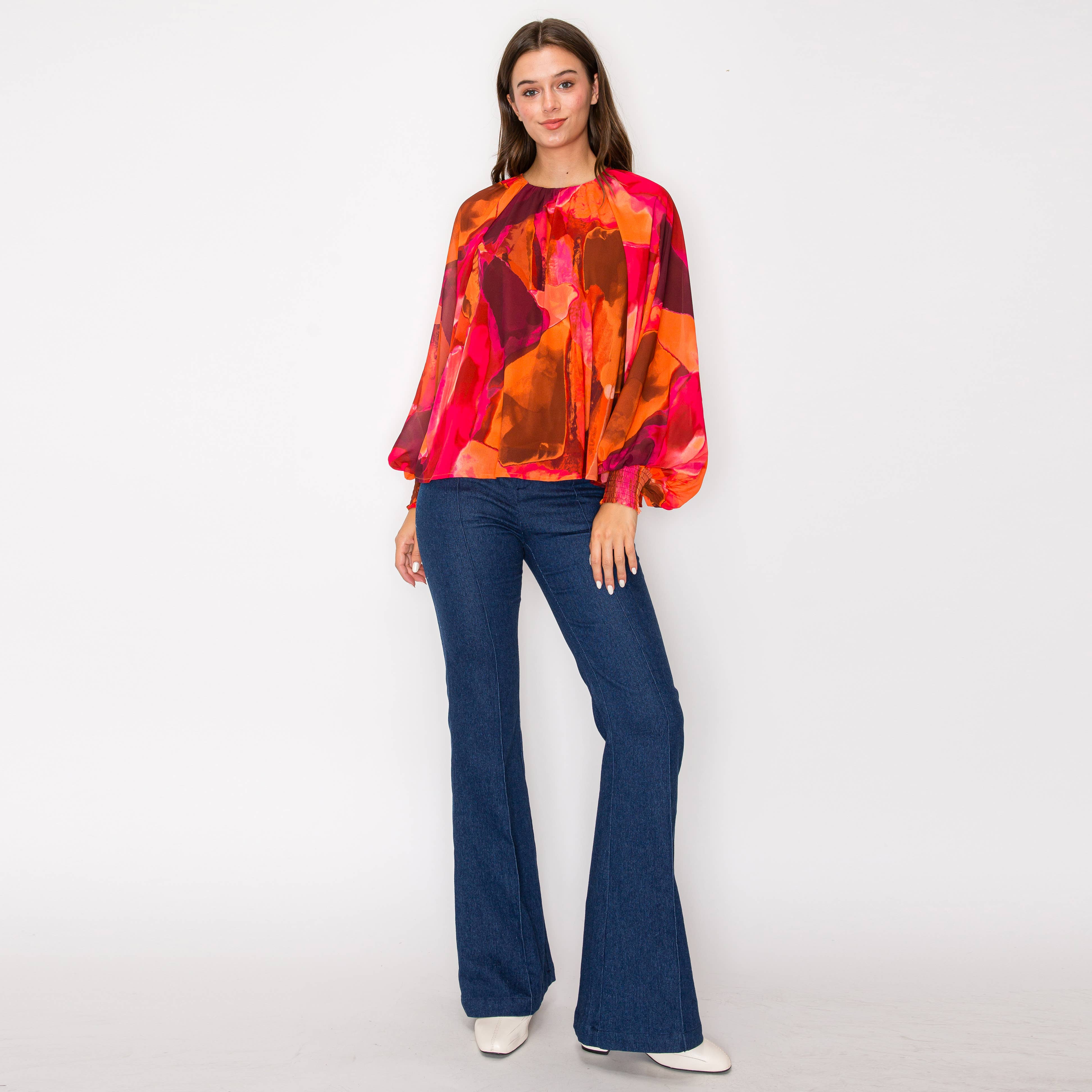 Jewel color abstract print long sleeve blouse