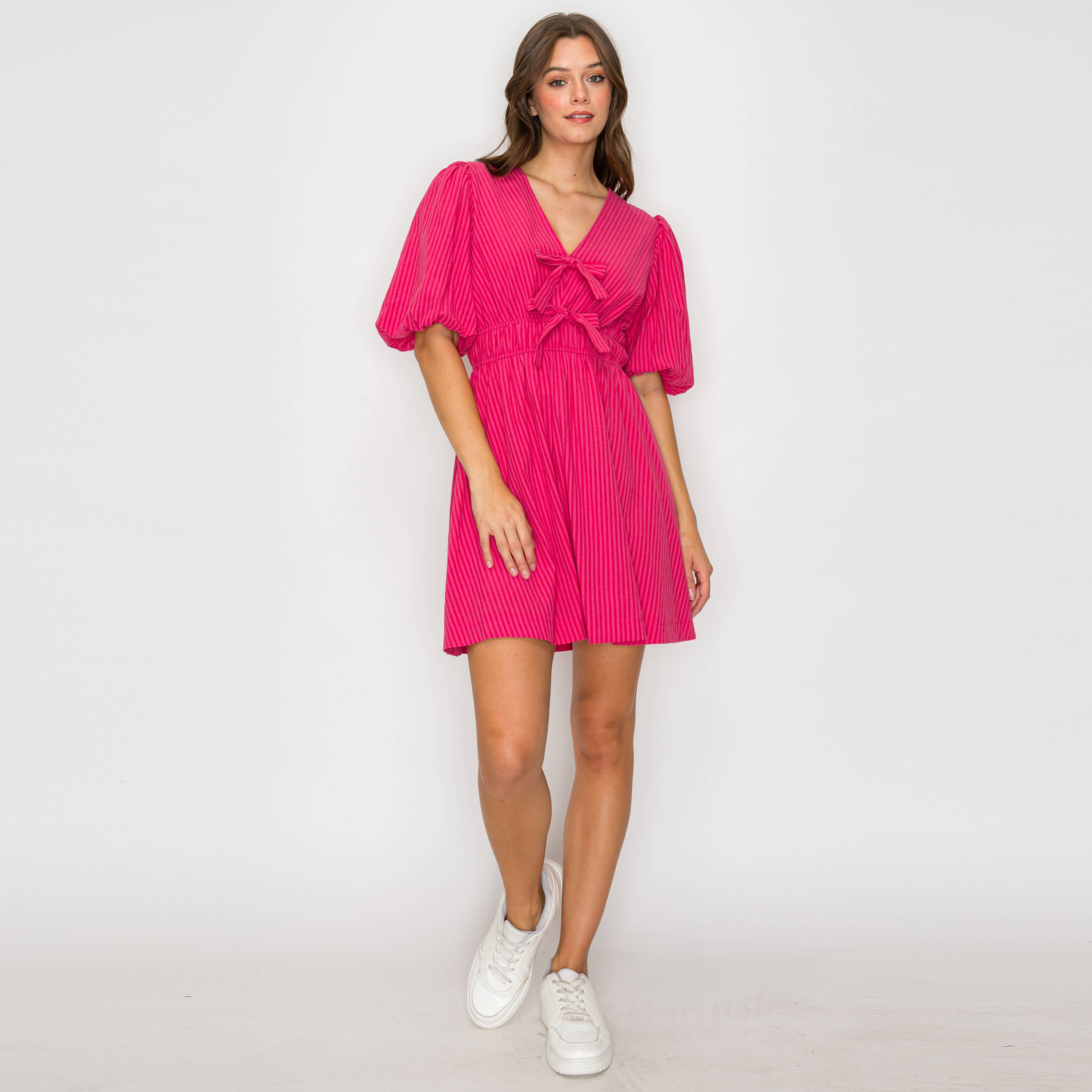 Strawberry Stripe V-neck Mini Dress with Bows