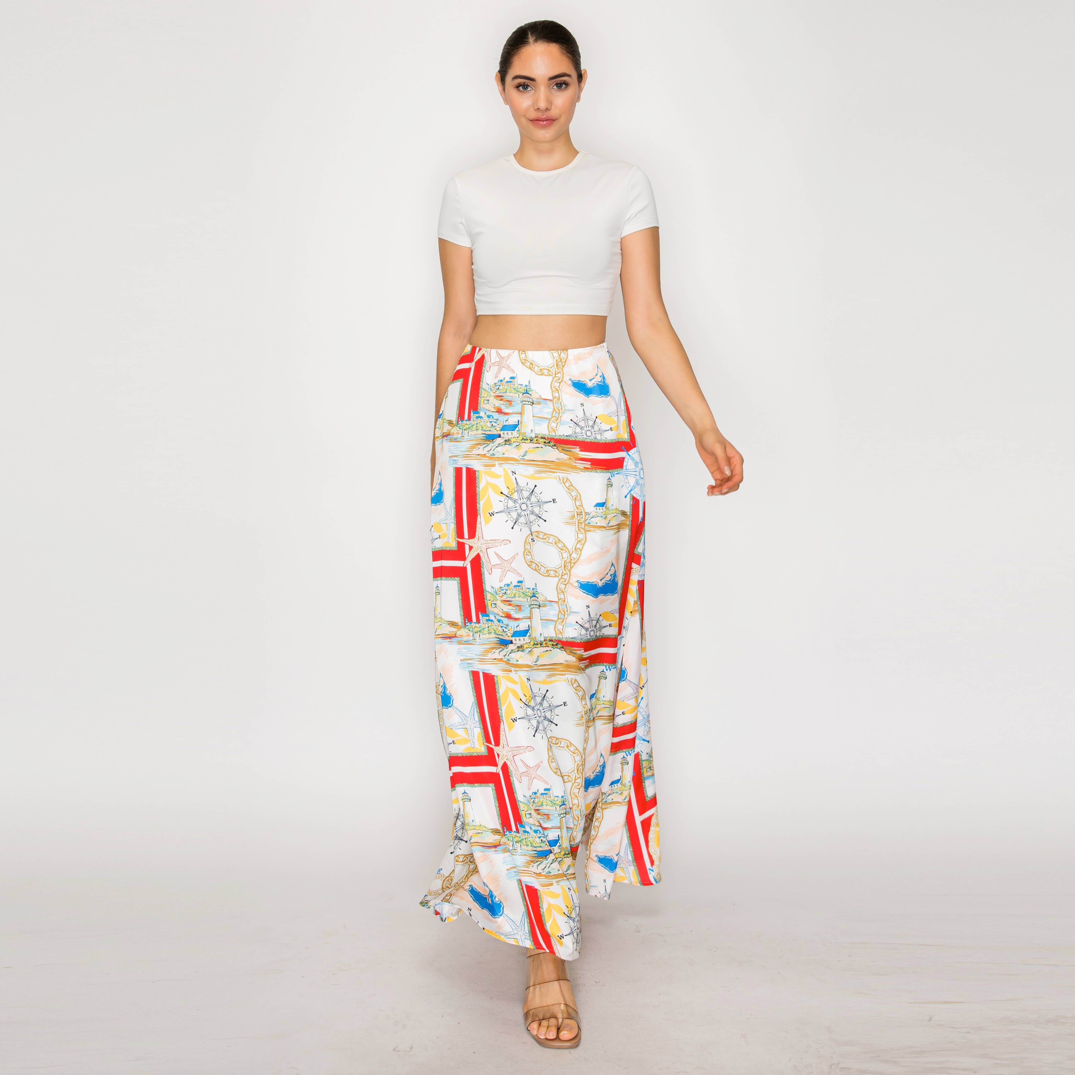 ATLANTIC BREEZE RED Satin Scarf Maxi Skirt