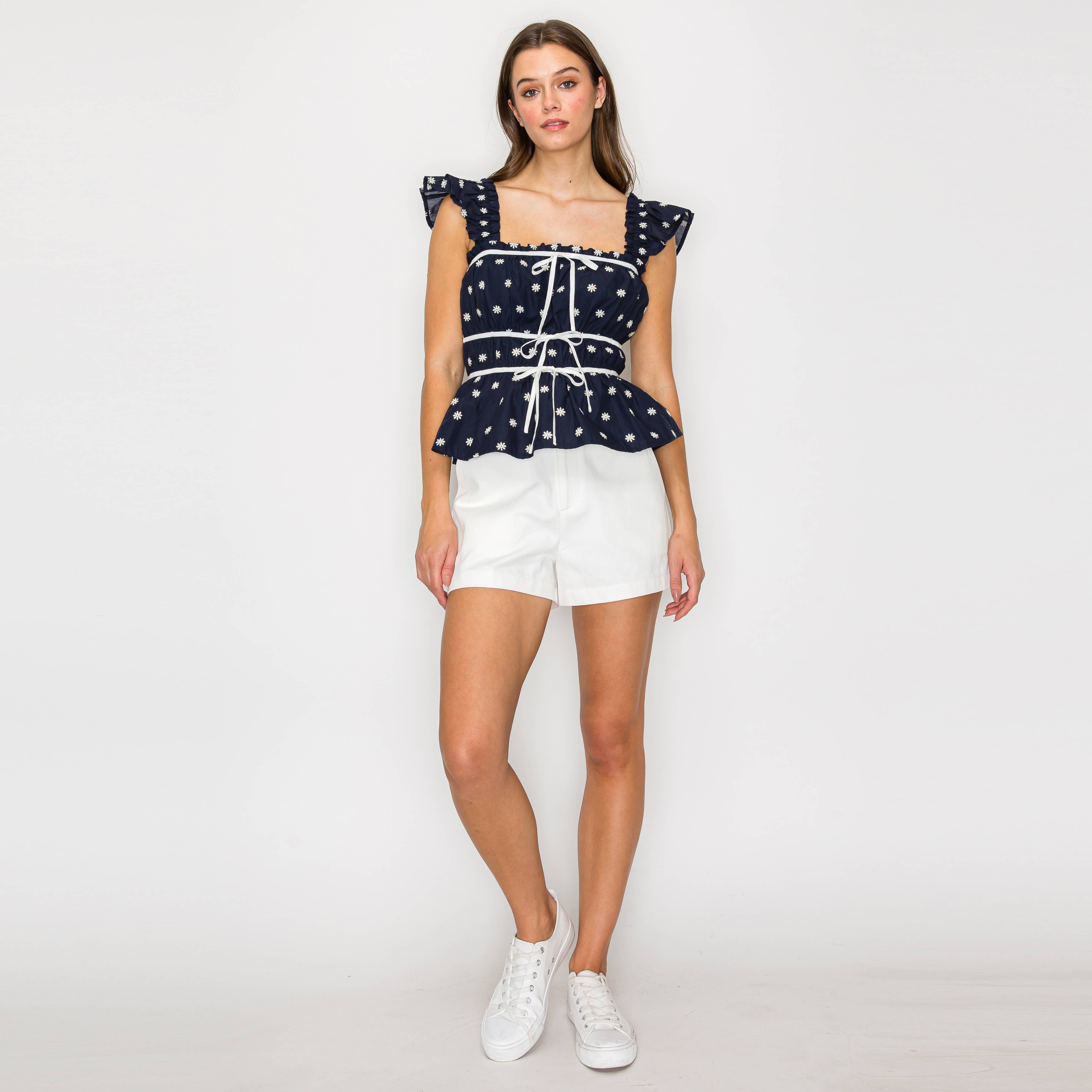 Navy Top with White Daisy Embroidery