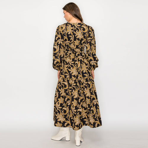 Rich Black & Gold Paisley Print Midi Dress