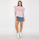 Double Ruffle Cotton Blouse with Ajrak print - Pink -LWT1982