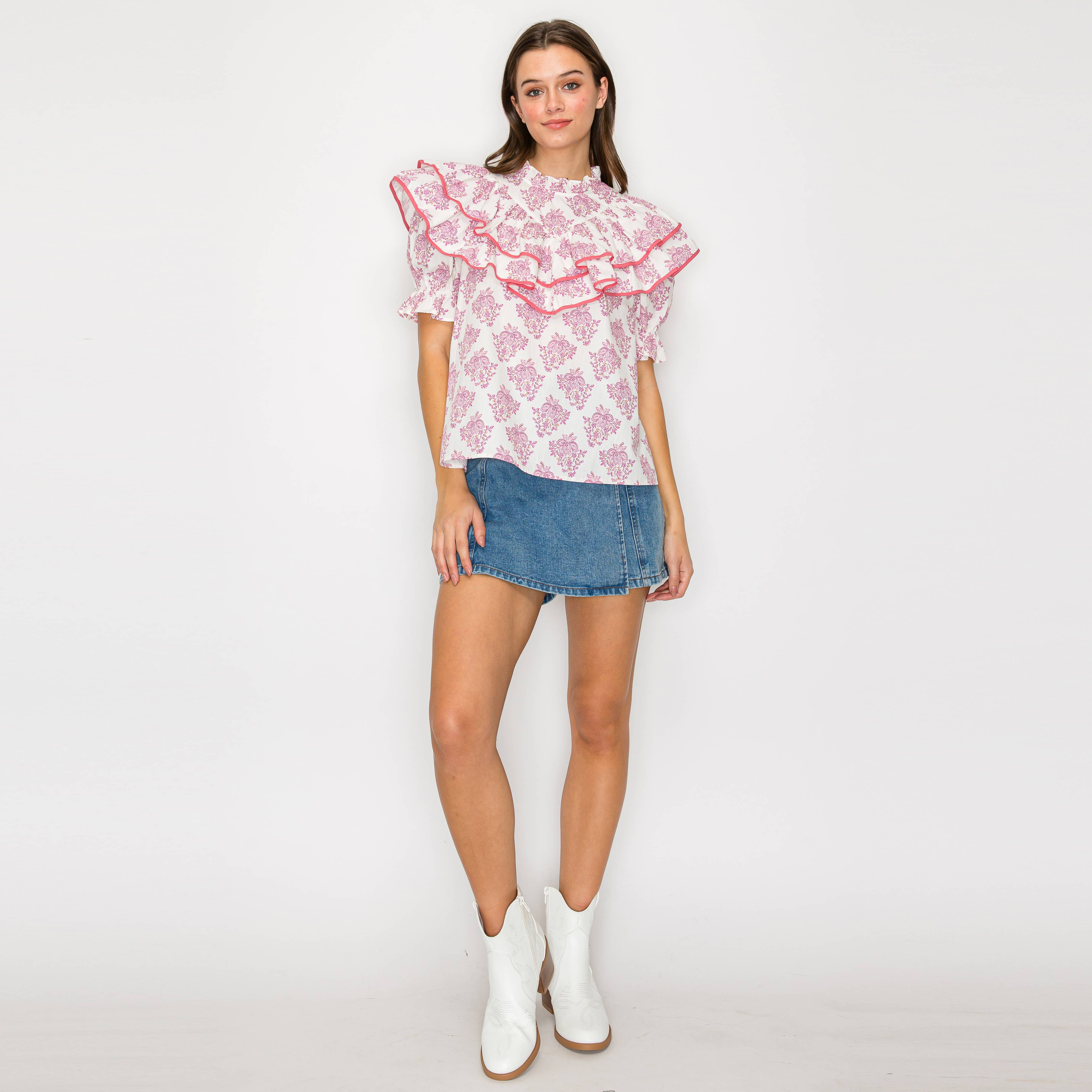 Double Ruffle Cotton Blouse with Ajrak print