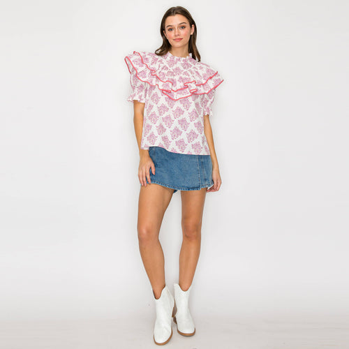 Double Ruffle Cotton Blouse with Ajrak print - Pink -LWT1982