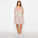 Summer Jacobean Flower Print Mini Dress w/ Pink trim-LWD2905