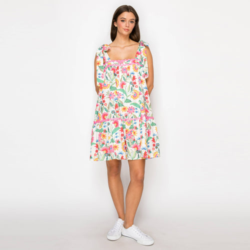 Summer Jacobean Flower Print Mini Dress w/ Pink trim-LWD2905