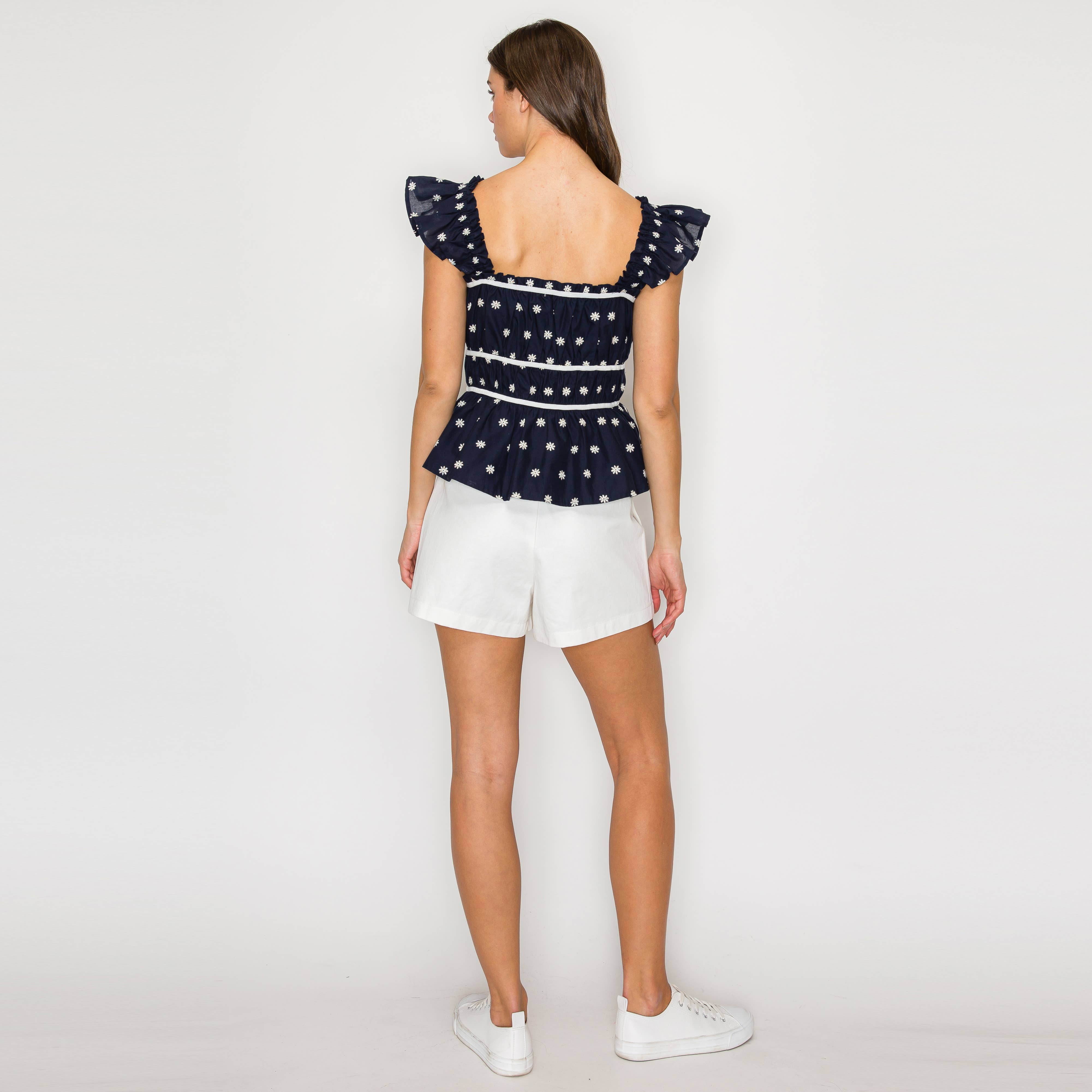 Navy Top with White Daisy Embroidery