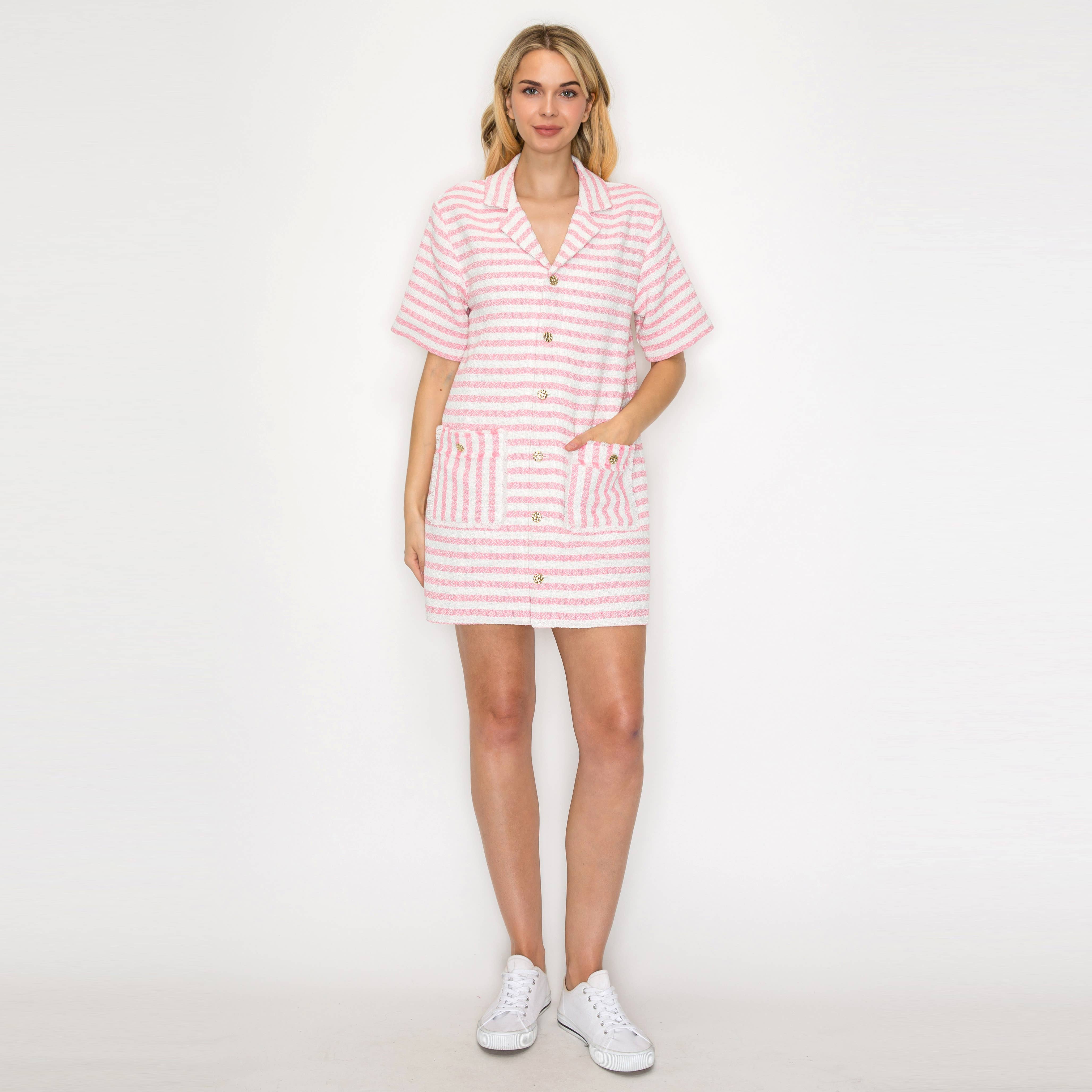 Pink & White Stripe French Boucle Shirts Mini Dress