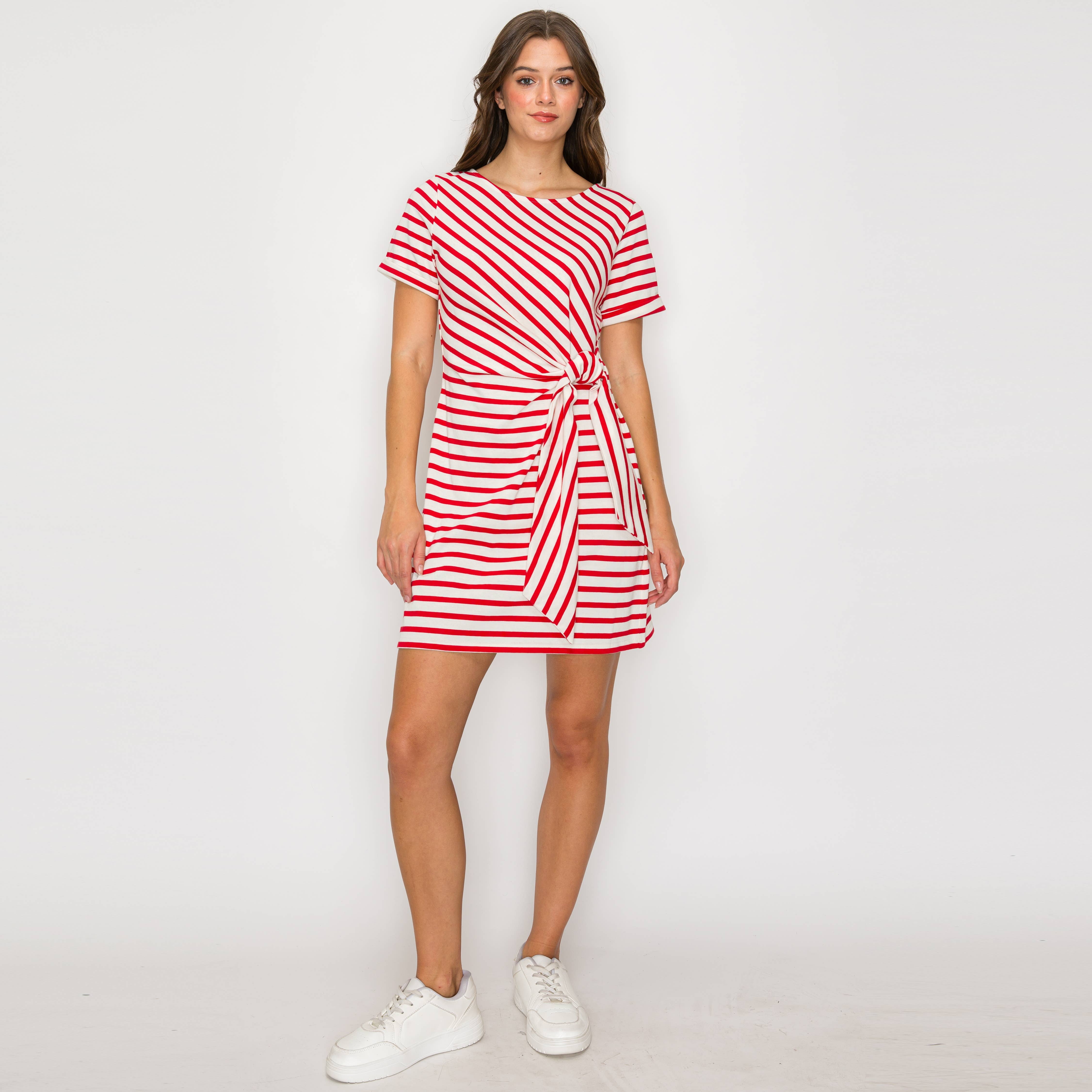 Red Striped Knit Mini Dress with Front Tie