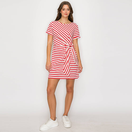 Red Striped Knit Mini Dress with Front Tie