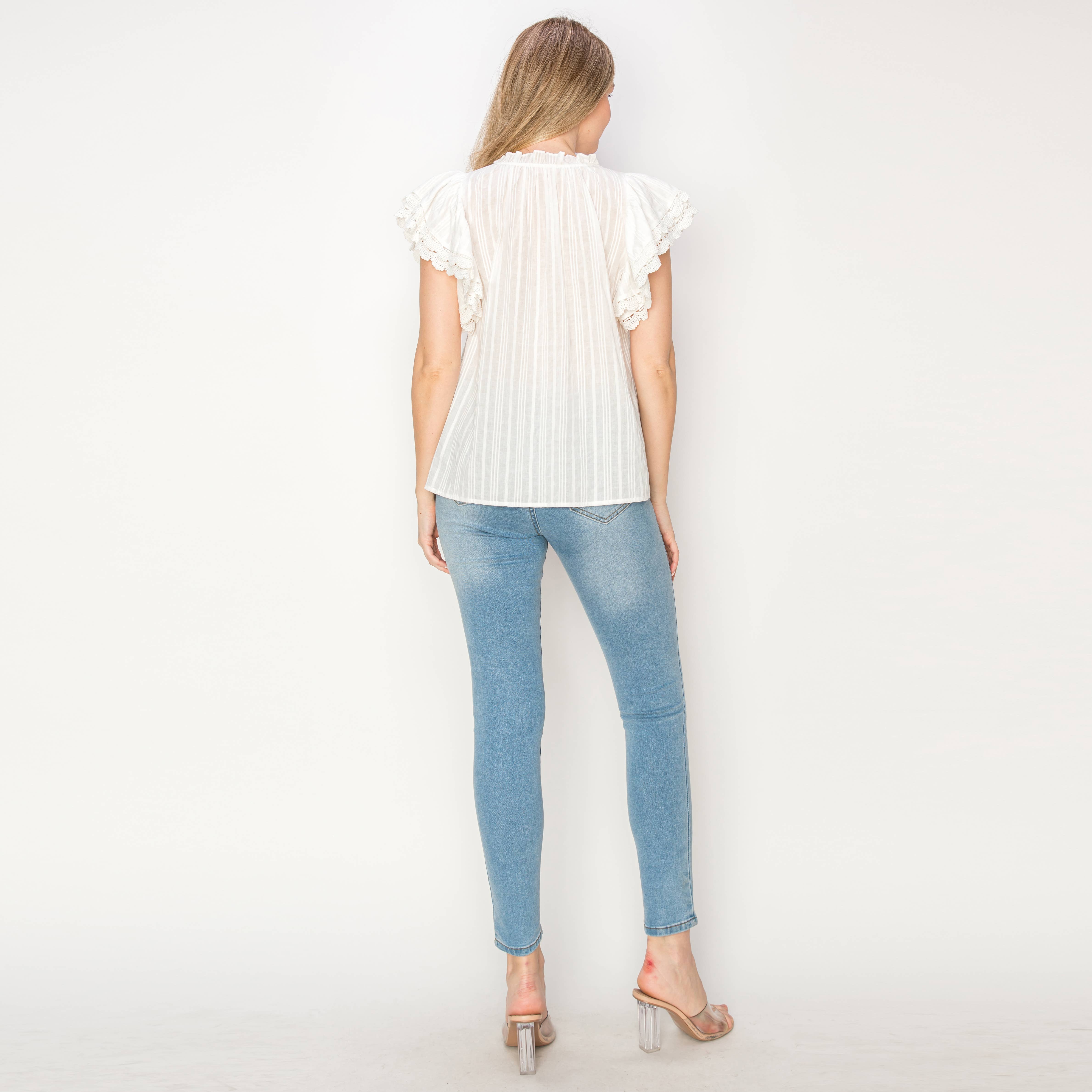 Cotton JQD eyelet blouse with lace trim detail