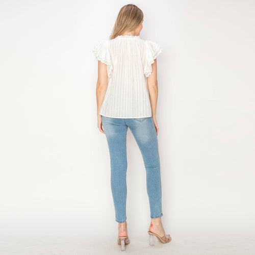 Cotton JQD eyelet blouse with lace trim detail