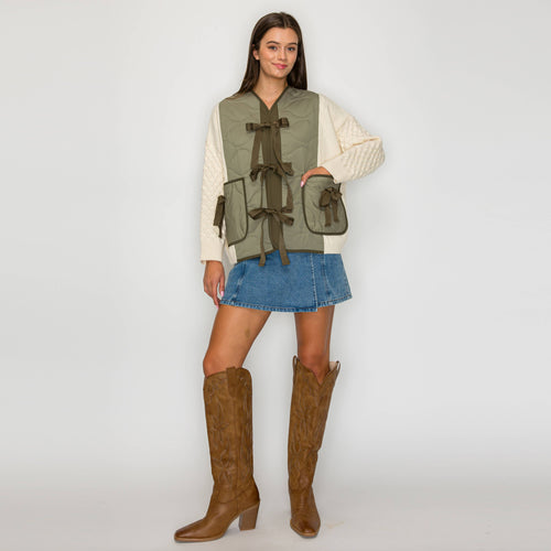 Olive Charm Quilted Bow-Tie Jacket