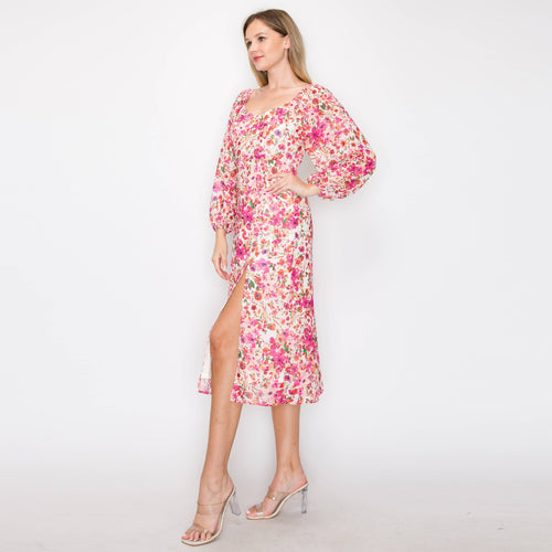 Print straight midi dress with 3/4 sleeves