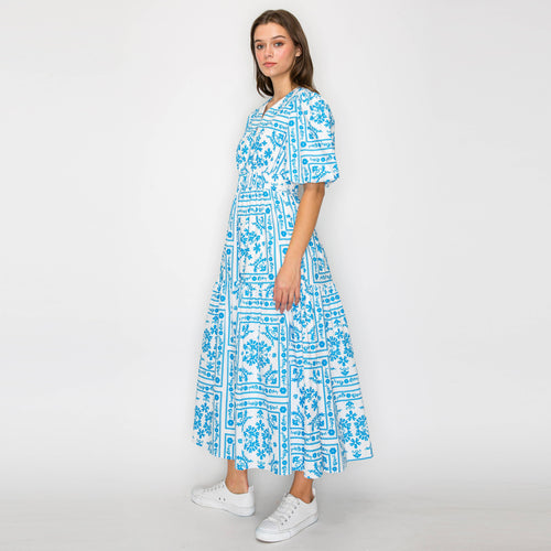 Blue Bandana Print Midi Dress