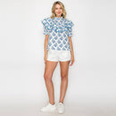 Double Ruffle Cotton Blouse with Ajrak print - Blue -LWT1982