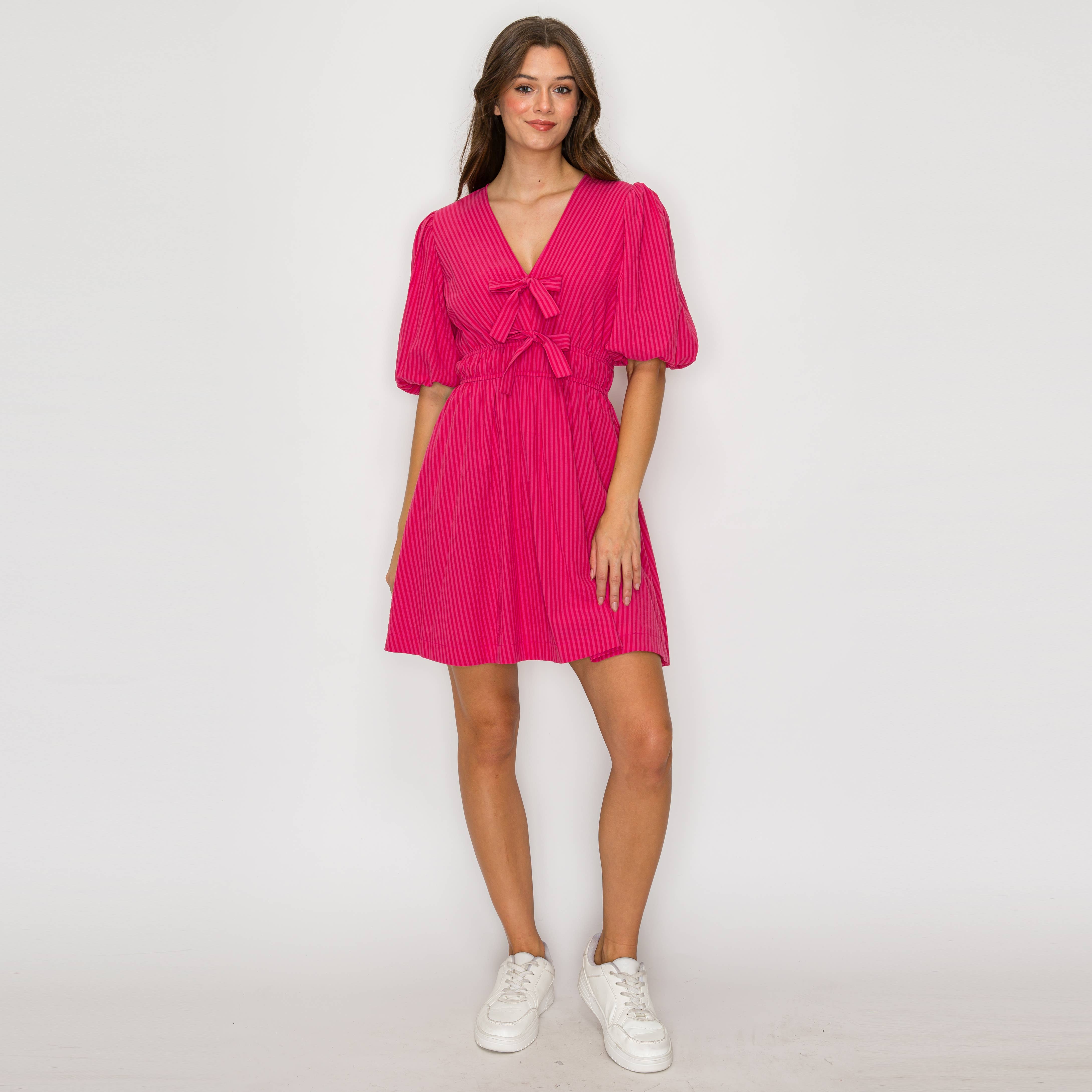 Strawberry Stripe V-neck Mini Dress with Bows