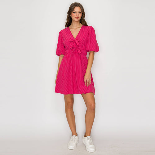 Strawberry Stripe V-neck Mini Dress with Bows