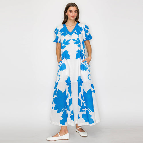 Blue Leaves Placement Print Long Dress
