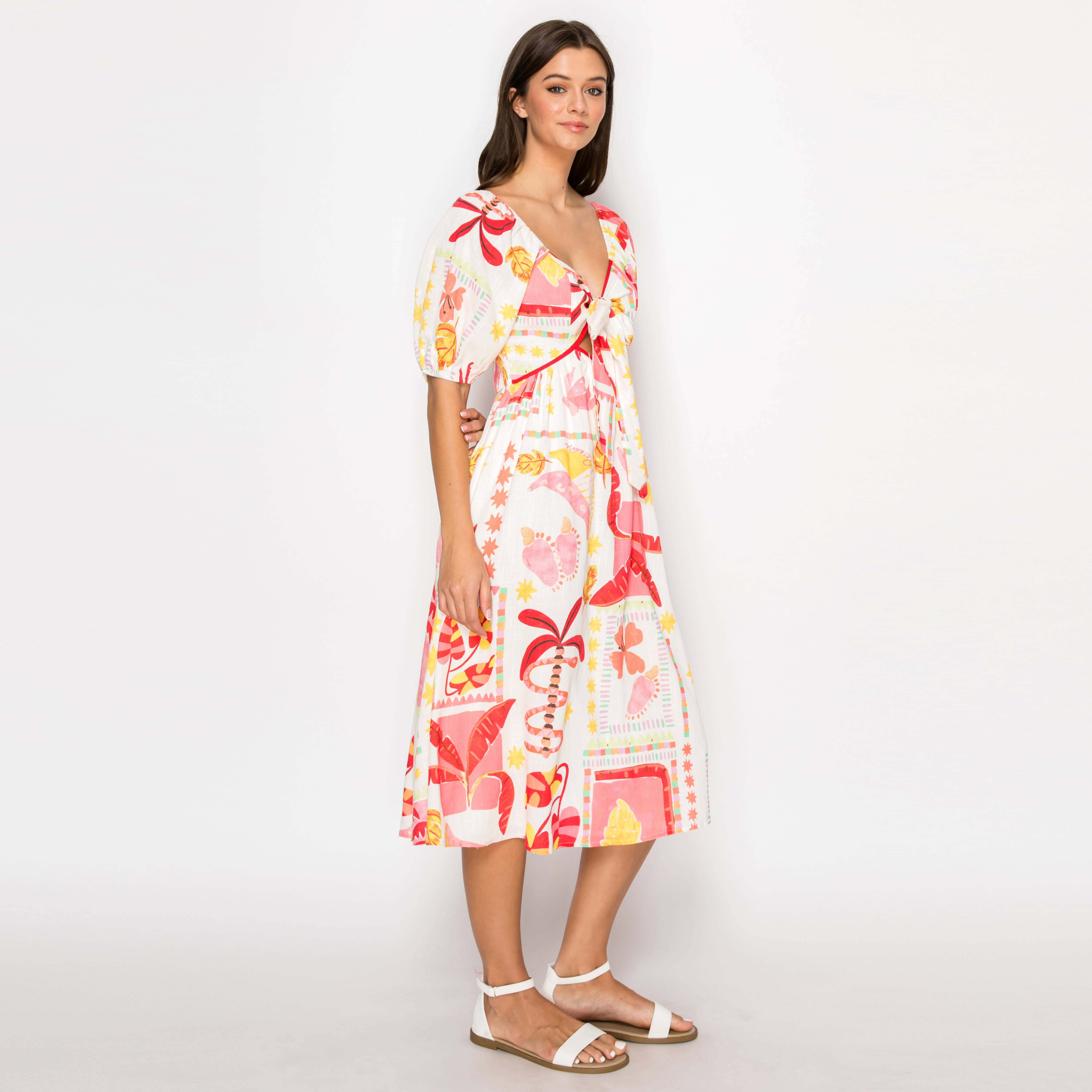 Pink Banana Retro Tropical Print Midi Dress