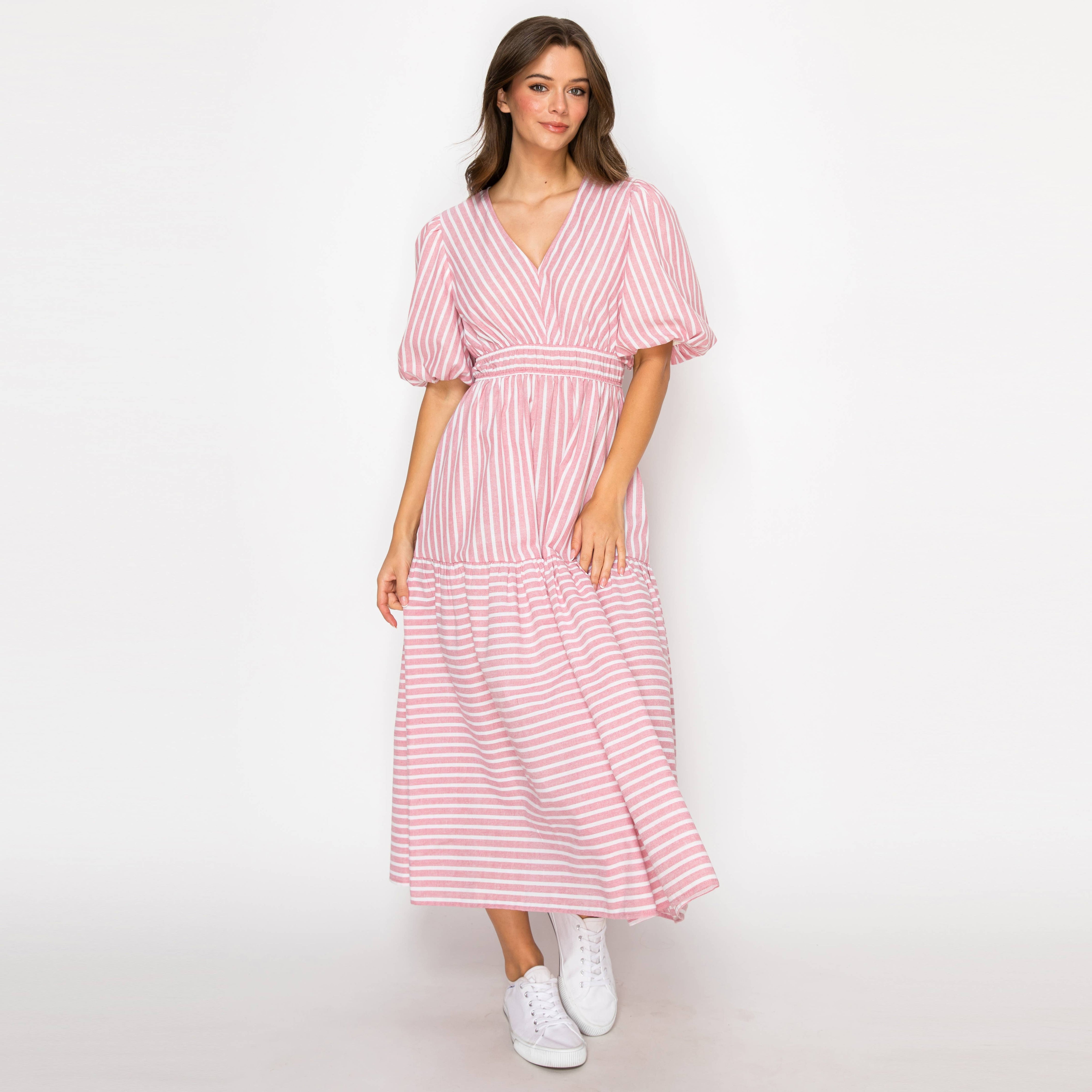Soft Pink Stripe Linen Midi Dress