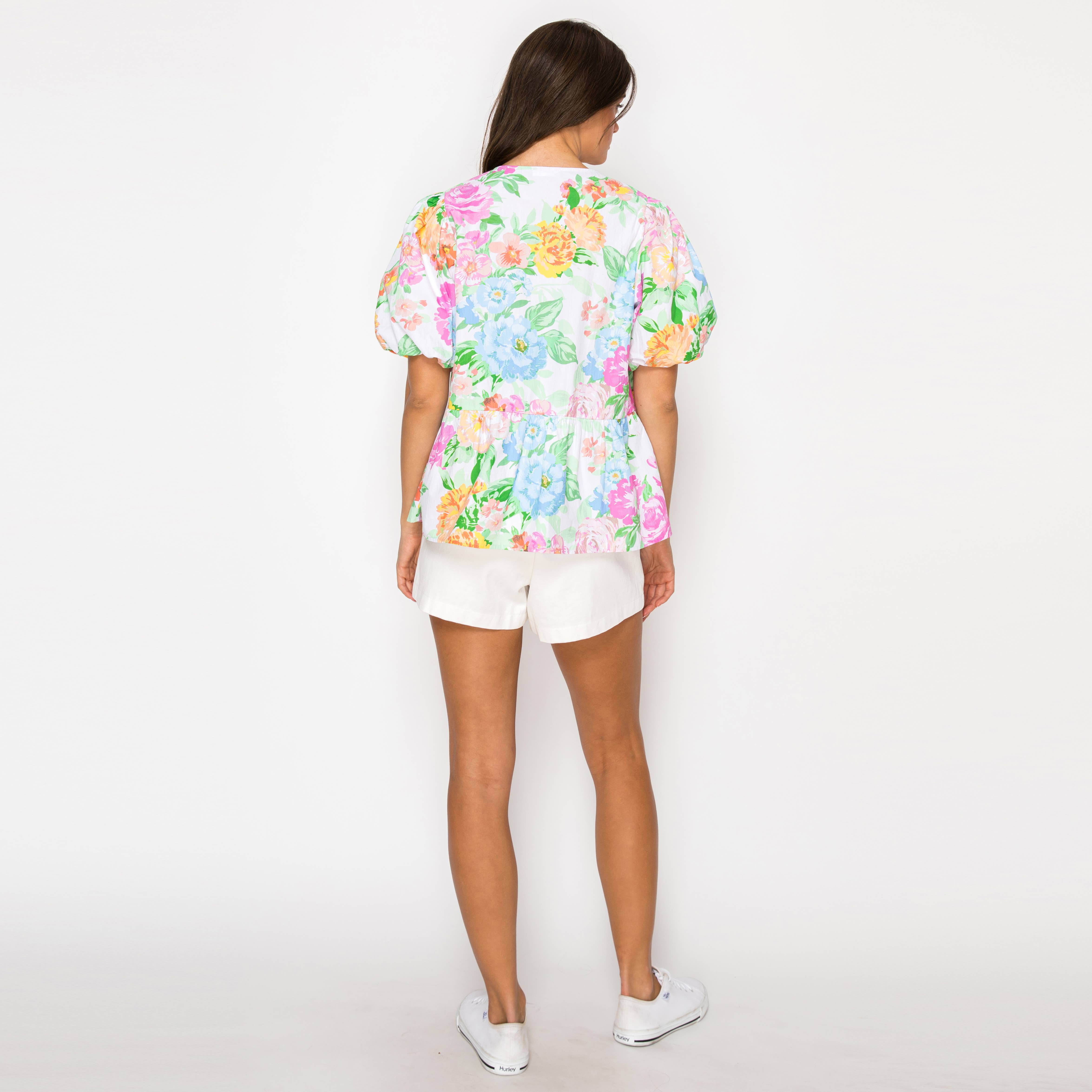 Garden Flower Print Cotton Top With Front Ribbon