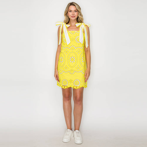 Lemon Yellow Daisy Eyelet Embroidery Mini Dress