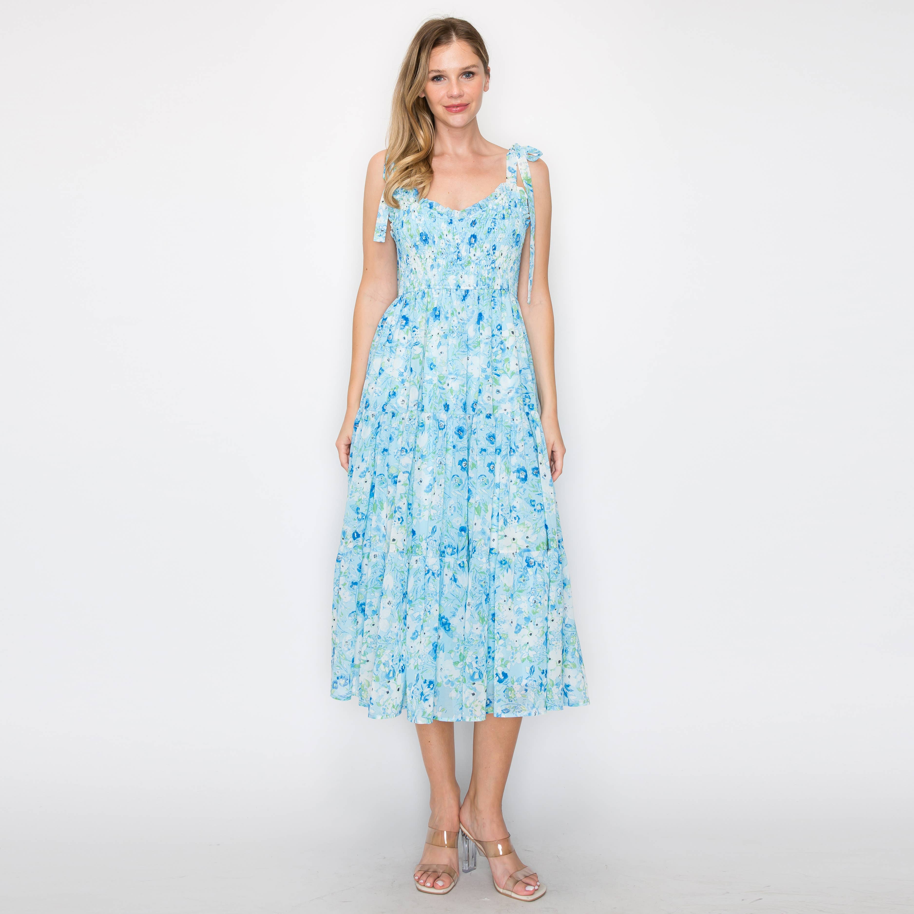 Print smocking cami midi dress