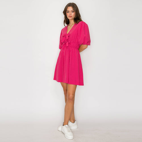 Strawberry Stripe V-neck Mini Dress with Bows