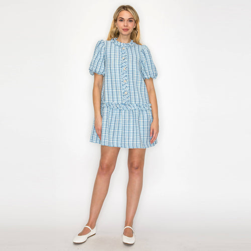 Charlotte Light Blue Boucle Mini Dress Puff Sleeves -LWD2879
