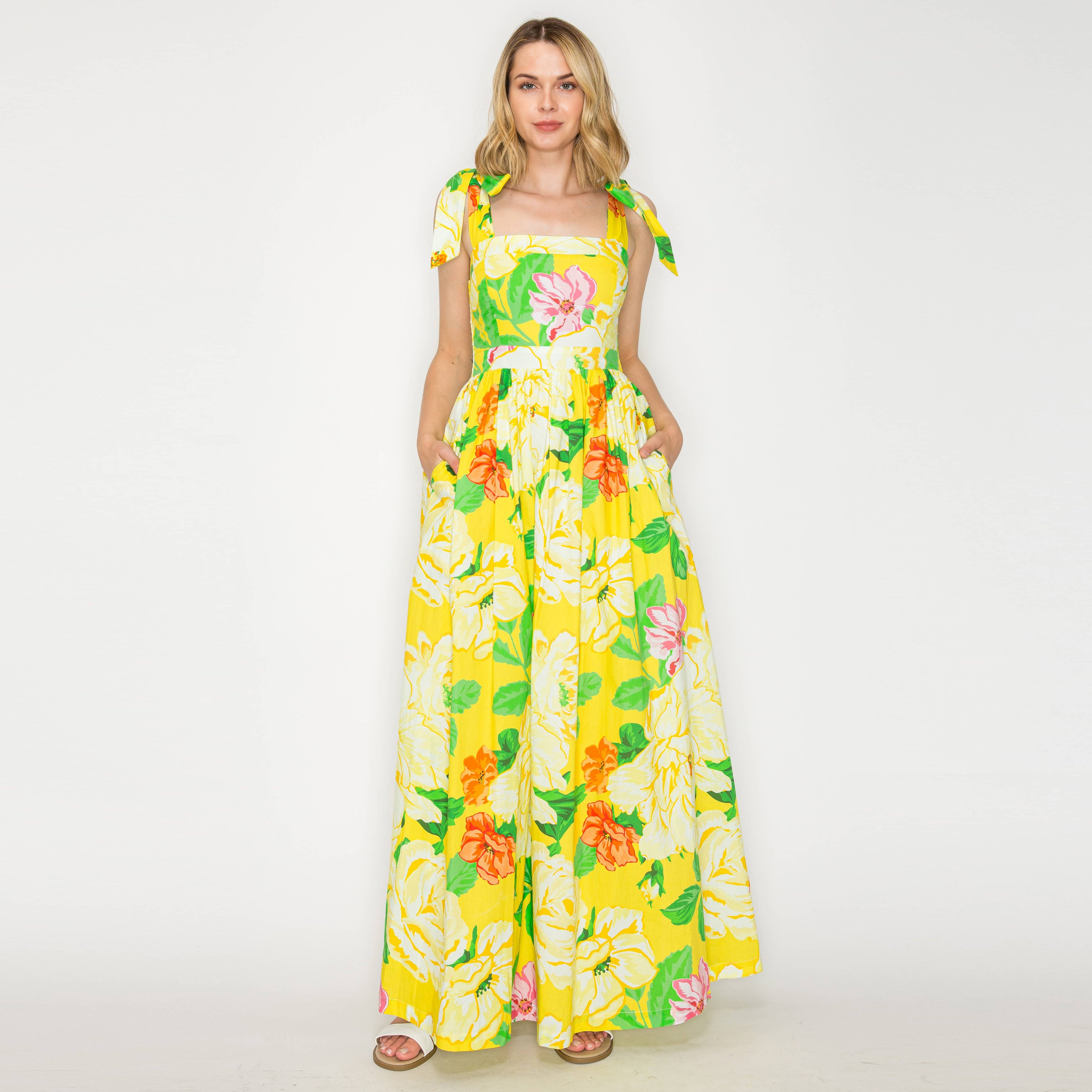 Sunny Lemon Yellow Big Flower Maxi Dress