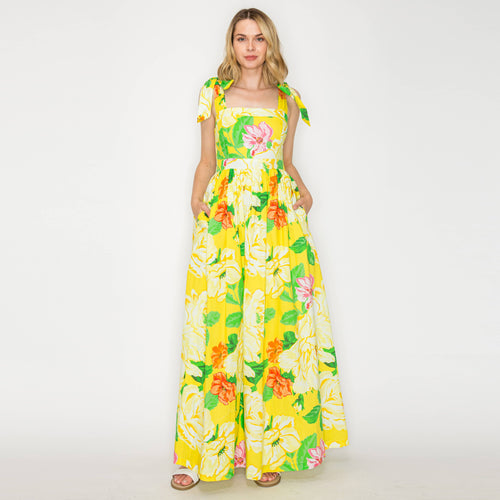 Sunny Lemon Yellow Big Flower Maxi Dress