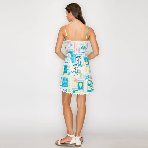 Retro Blue Palm Tree Mini Dress w/ Rick Rack trim